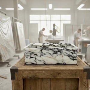 May include: A rectangular marble sink with a black and white veined pattern sits on a wooden crate. The sink is the focal point in a workshop setting, with workers and stone slabs in the background.