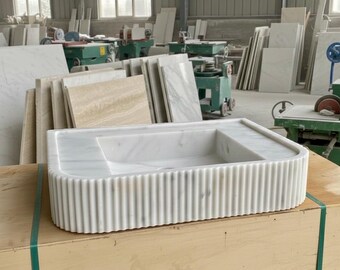 Carrara White Marble Vanity Sink, Fluted Rectangular Bathroom Sink, Handmade Luxury Stone Basin