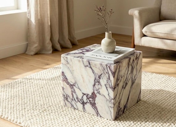 Calacatta Viola Marble Cube Table Handmade Natural Stone Side Table Modern Accent Furniture