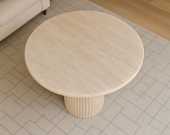 Round Travertine Dining Table Handmade Natural Stone Pedestal Table Modern Fluted Base