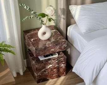 Red Marble Stacked Cube Side Table Modern Natural Stone Nightstand