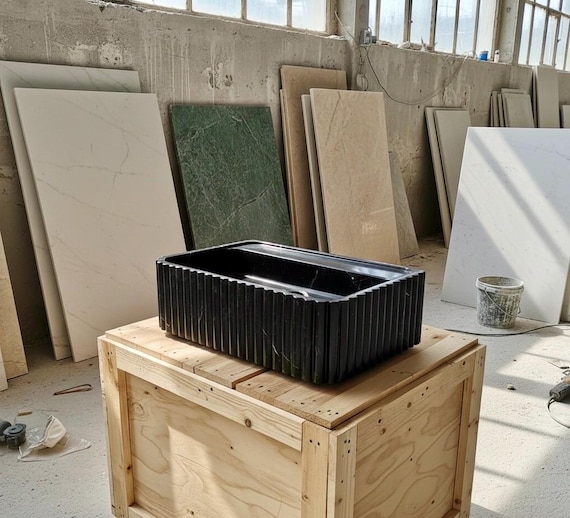 Nero Marquina Black Marble Bathroom Sink, Fluted Rectangular Vanity Basin, Handcrafted Luxury Stone Sink