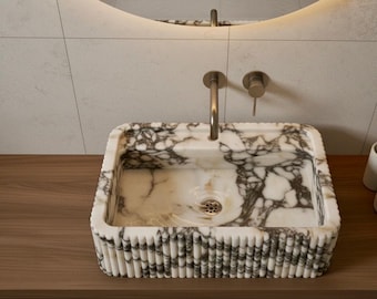 Handcrafted Calacatta Viola Marble Sink, Fluted Stone Basin