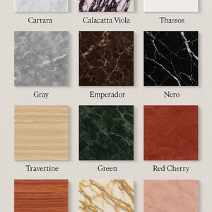 May include: A collection of square marble and stone samples. The samples include Carrara, Calacatta Viola, Thassos, Gray, Emperador, Nero, Travertine, Green, Red Cherry, Red Travertine, Calacatta Gold, and Pink.