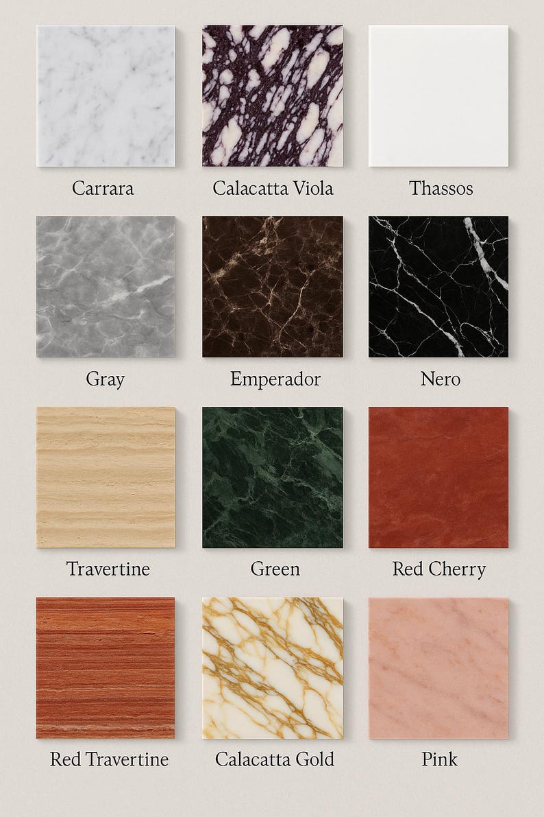 May include: A collection of square marble and stone samples. The samples include Carrara, Calacatta Viola, Thassos, Gray, Emperador, Nero, Travertine, Green, Red Cherry, Red Travertine, Calacatta Gold, and Pink.