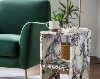 Calacatta Viola Marble Shelf Side Table – Handmade Natural Stone Accent Furniture
