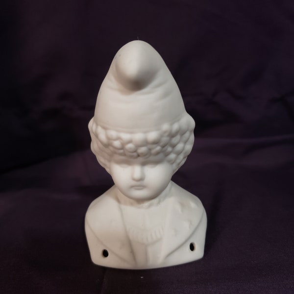 Ceramic Bisque Doll Head Boy With Hat White Unpainted 3.25 x 2 Inches