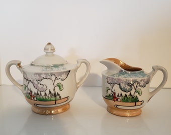 Porseleinen lusterware suikerpot en creamerset gemaakt in Japan