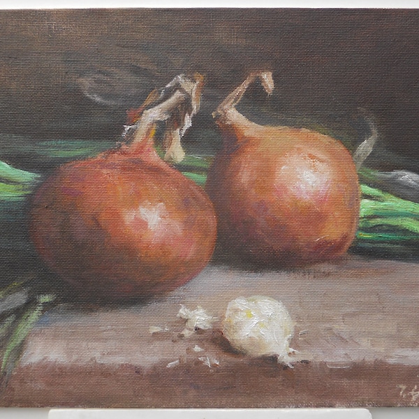 Oil Painting "Onions & Garlic" 8" x 10" - Canvas Mounted on Board by Artist Terence Gilbert