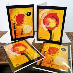 Biglietti d'auguri d'arte - Serie Sunshine Win - Formato A5 148,5 x 210 mm - Immagini originali astratte di fiori di papavero e tulipano astratti giallo rosso