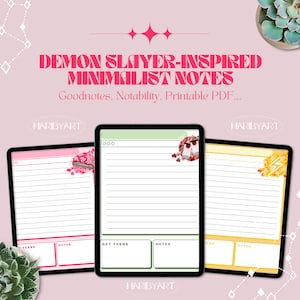 May include: Digital minimalist notes inspired by Demon Slayer, displayed on three tablets. Each tablet features a different color scheme: pink, green, and yellow. The notes include lined pages, key terms, and notes sections, with decorative elements.