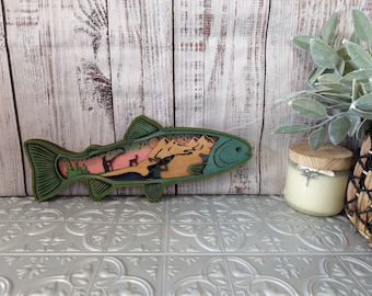 Trout Rainbow/Brown Layered Wood Art Decor 3D Handmade