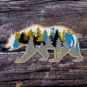 May include: A grey bear silhouette with a forest scene inside. The forest includes trees, a deer, and footprints.