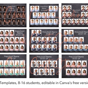 Collection of school class photo collage templates for 8 - 16 student classes, Canva Templates, chalkboard theme, for volume photographers