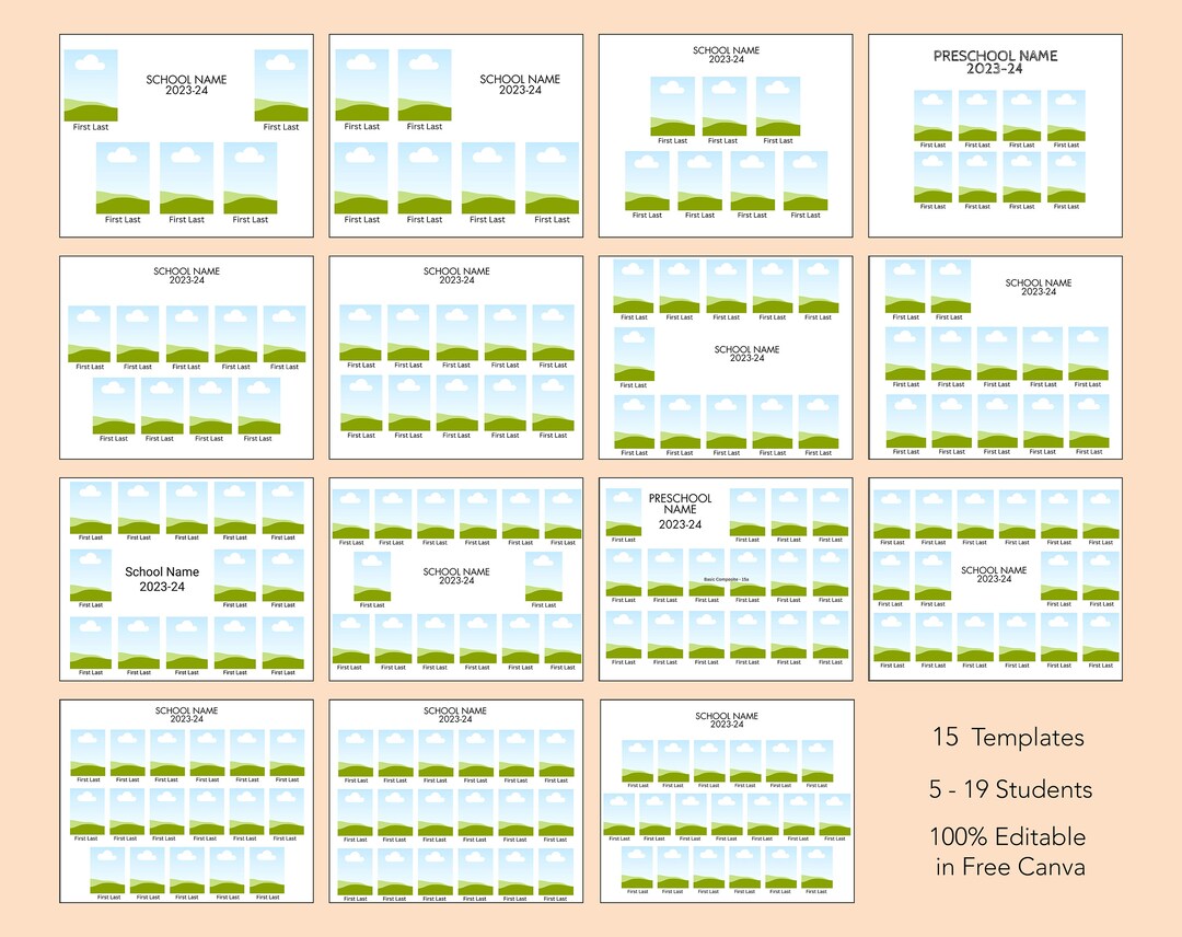 Basic Class Composites for 5-19 Students; 15 Class Photo Templates ...