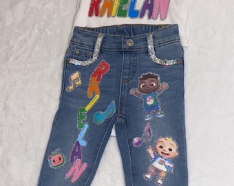 Colorful Character Bellbottoms | Birthday Bellbottoms | Girls Birthday Outfit | Denim Birthday Sets