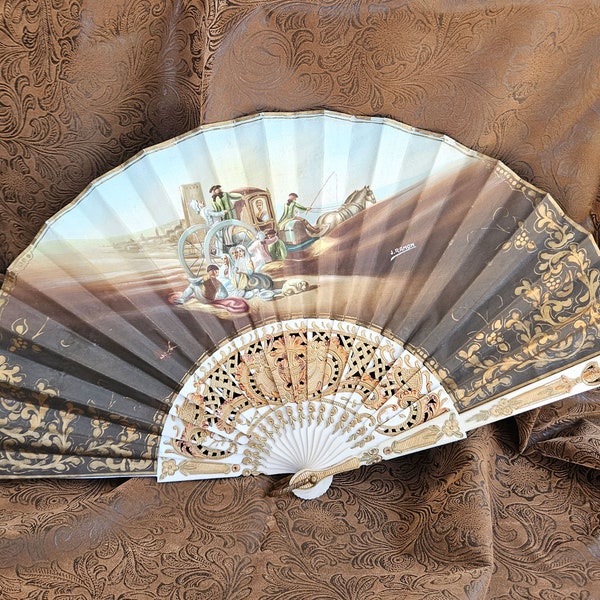 Vintage Hand-painted Folding Fan, Spanish-style Hand Fan, Expandable Painted Canvas. Signed J. Ramon, Gold Painted Accents