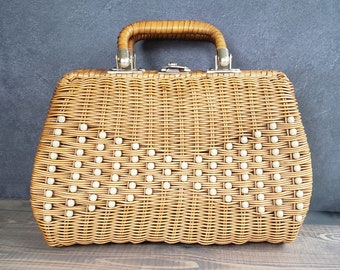 Vintage Wicker Beaded Purse, Ladies Handbag, Womens Rattan Bag