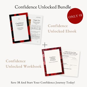 Puede incluir: Un paquete de materiales de autoayuda, que incluye un libro electrónico y un cuaderno de trabajo, con el título "Confidence Unlocked". El libro electrónico y el cuaderno de trabajo tienen detalles en rojo y negro. La imagen también incluye el texto "ONLY 5$".