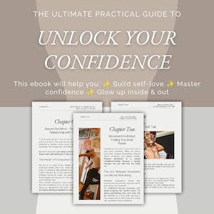 Peut inclure: Une couverture d'ebook avec le titre "UNLOCK YOUR CONFIDENCE" en grandes lettres blanches. Le texte en dessous indique "THE ULTIMATE PRACTICAL GUIDE TO." L'ebook promet d'aider à développer l'amour de soi, à maîtriser la confiance et à s'épanouir.