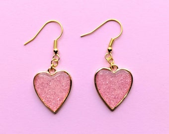 Kawaii Heart Dangle Earrings, Y2K Pink Jewelry, Glitter Heart Jewelry, Lolita Fashion Style Jewelry, Coquette Jewelry, Coquette Earrings