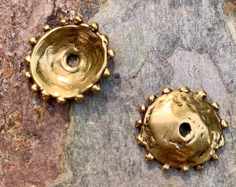 Artisan Dotted Edge Bead Caps in Gold Bronze, LD-15, Set of Two