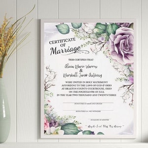 Modelo de certificado de casamento Passionate Purple Posies 8x10/fácil Corjl edite/edite e imprima em seu próprio laptop e impressora