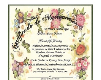 Flores Victorianas Certificado de Matrimonio/optional certificate holder/optional matching 4.25x5.5" certificate plastic laminates