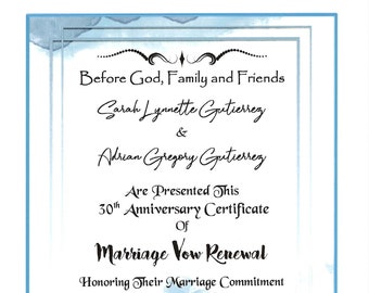 Romance in Blue Ombre Marriage Vow Renewal Certificate/optional certificate holder/optional matching 4.25" x 5.5" plastic laminates