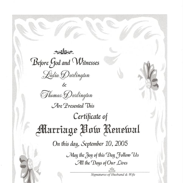 Swirled Flower Splendor Marriage Vow Renewal Certificate/optional 4.25" x 5.5" matching plastic laminates/optional certificate holder