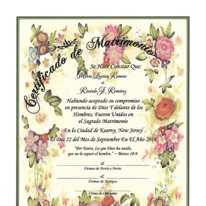 Flores Victorianas Certificado de Matrimonio/optional certificate holder/optional matching 4.25x5.5&quot; certificate plastic laminates