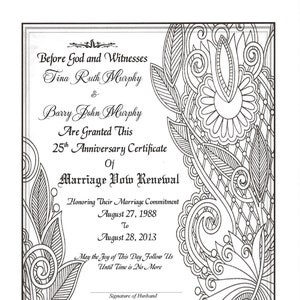 Fanciful Silver Filigree Marriage Vow Renewal Certificate/optional certificate holder/optional 4.25" x 5.5" matching plastic laminates