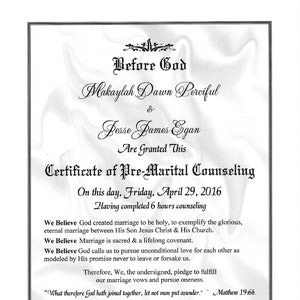 White Satin Elegance Pre-Marital Counseling Certificate/optional certificate holder/optional 4.25&quot; x 5.5&quot; matching laminates