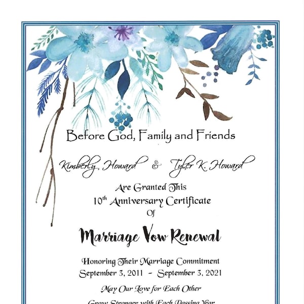 Bouquet of Blue Marriage Vow Renewal Certificate 8.5x11/optional certificate holder/optional matching 4.25" x 5.5" plastic laminates