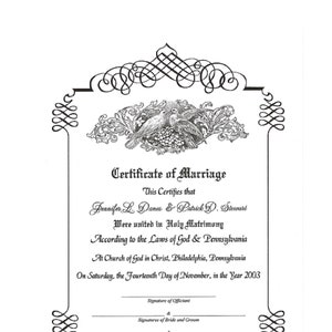 May include: A black and white certificate of marriage with ornate borders and a decorative design of two birds in a nest. The text reads "Certificate of Marriage" and includes the names Jennifer L. Danes and Patrick D. Stewart, the date of the marriage, and the location of the ceremony.
