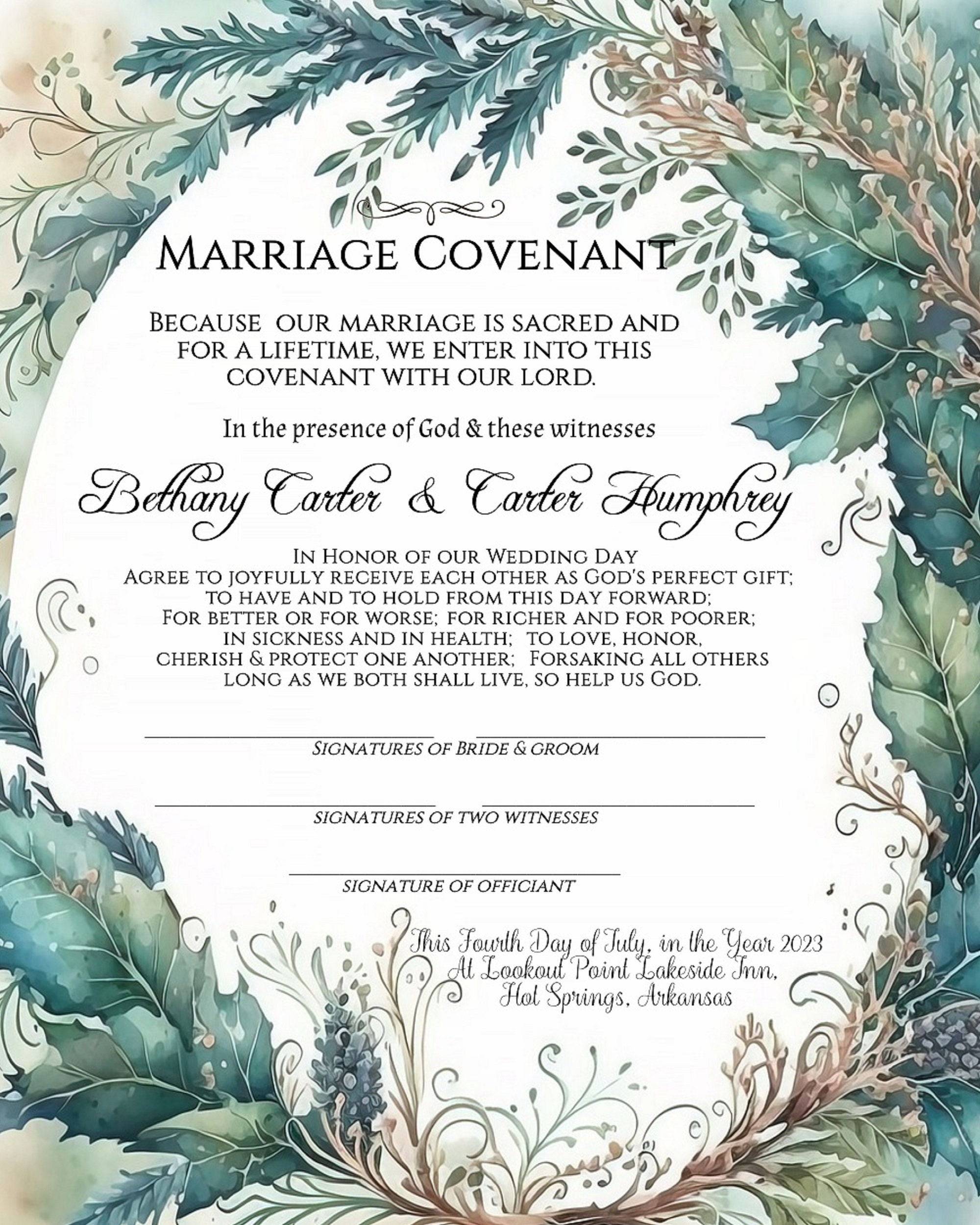 Blue Garland of Grace Certificate of Covenant Marriage Template 8x10