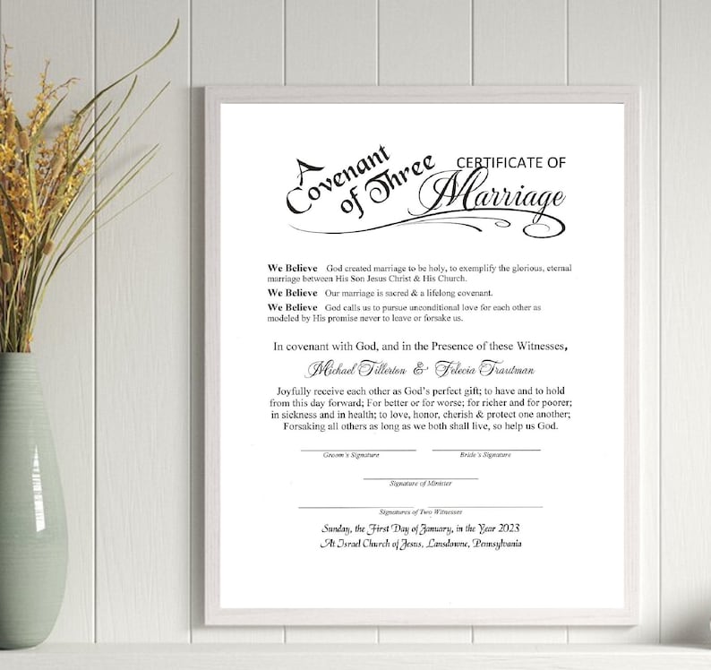 A Covenant of Three Certificate of Covenant Marriage/8.5x11/printed on ...