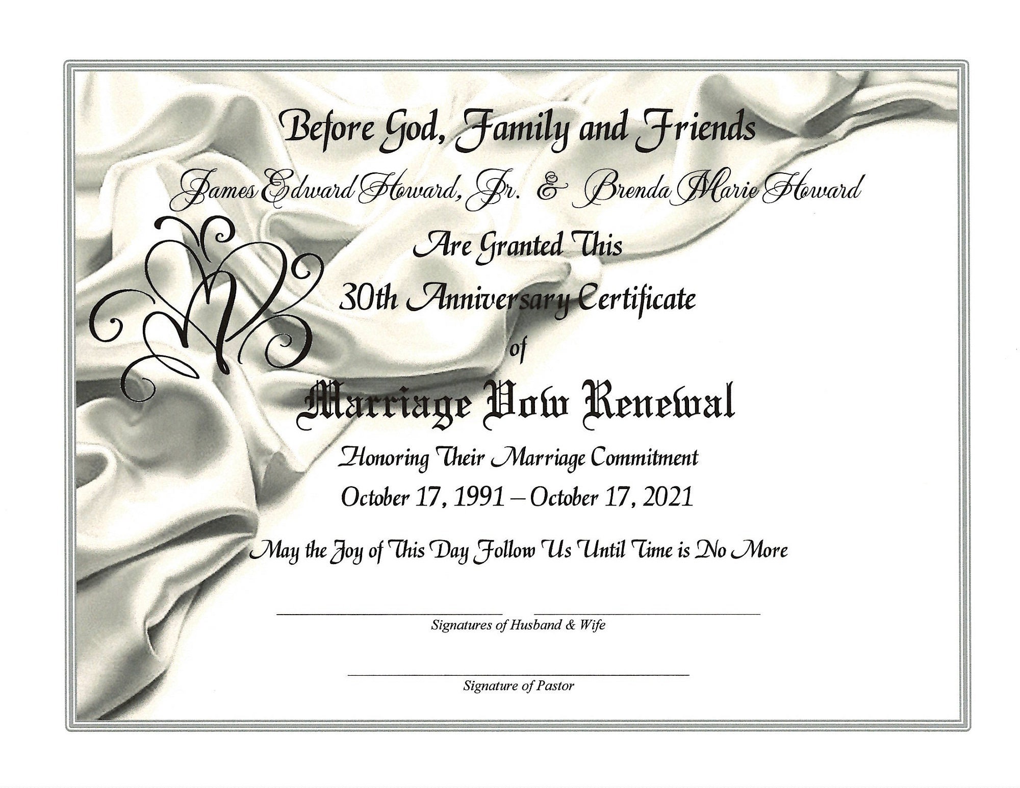 Certificado de renovación de votos matrimoniales con diseño de amor en  satén plateado fluido/laminados plásticos a juego opcionales de 4,25\, image size:2000x1545