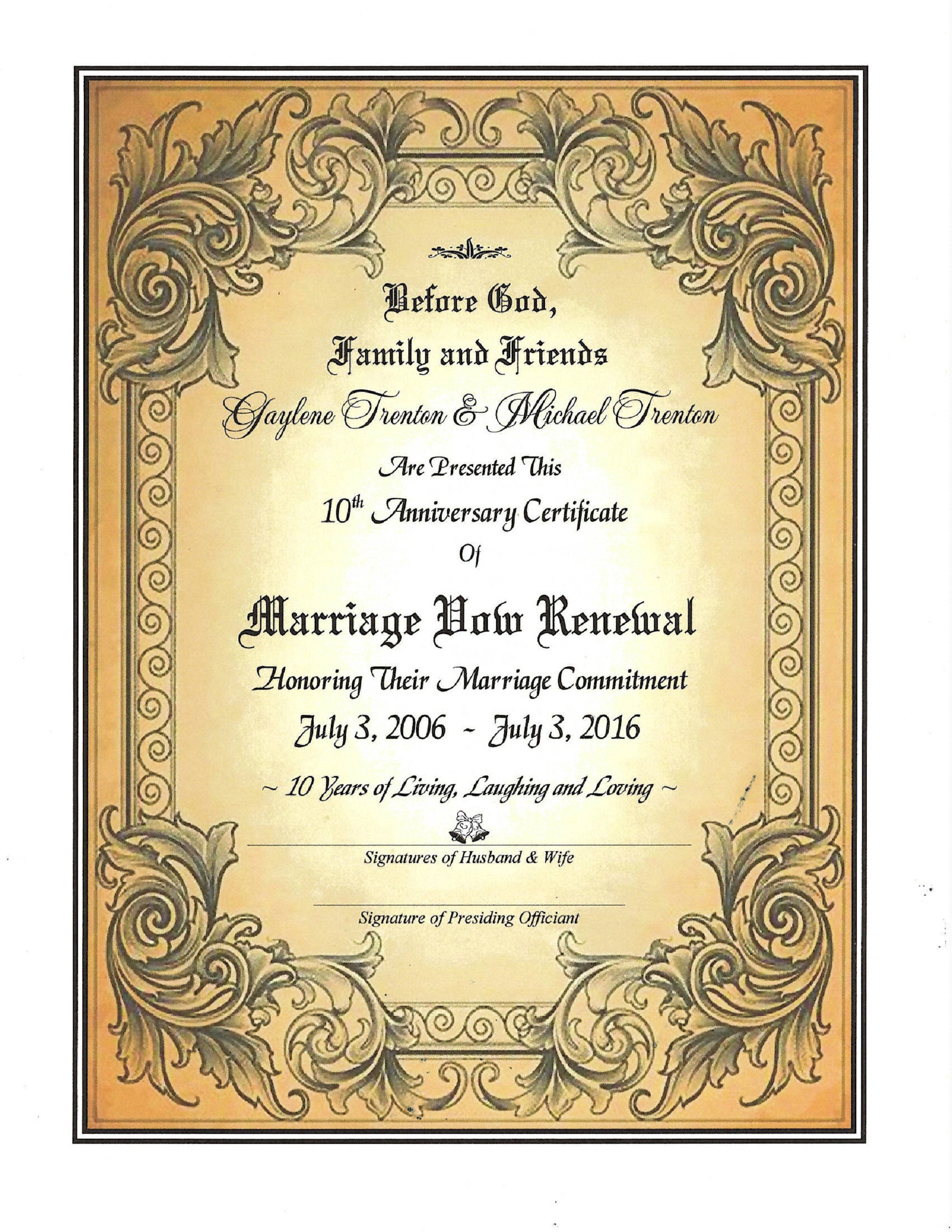 Golden Grace Marriage Vow Renewal Certificate/optional Certificate