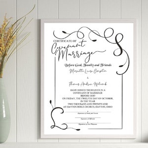 Minimalist Certificate of Covenant Marriage/optional certificate holder/optional 4-1/4&quot; x 5-1/2&quot; plastic laminates