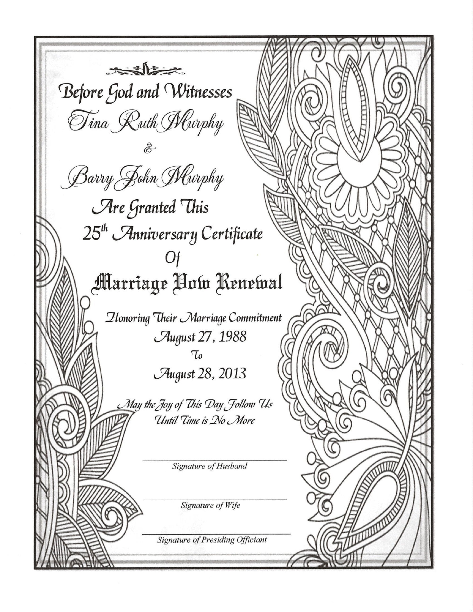 Certificado de renovación de votos matrimoniales con filigrana de plata  elegante/soporte de certificado opcional/laminados plásticos a juego, image size:2000x2588