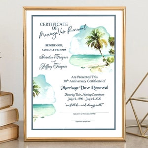 May include: A certificate of marriage vow renewal with a watercolor background of a tropical beach scene. The certificate is for Sheridan and Jeffrey Traynor, celebrating their 30th anniversary. The text reads "Are Presented This 30th Anniversary Certificate of Marriage Vow Renewal Honoring Their Marriage Commitment July 14, 1990 - July 14, 2020 'in still be - and always will!'".