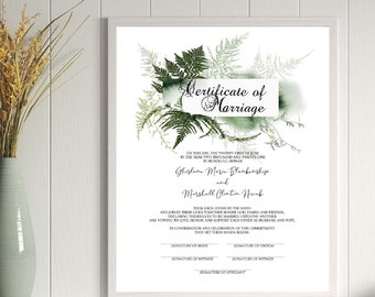 Fragrant Ferns of Love Certificate of Marriage Template 8.5x11/easy Corjl edit/edit and print on own laptop and printer