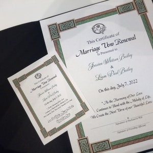 Claddagh Irish Marriage Vow Renewal Certificate/optional certificate holder/optional matching 4.25&quot; x 5.5&quot; plastic laminates