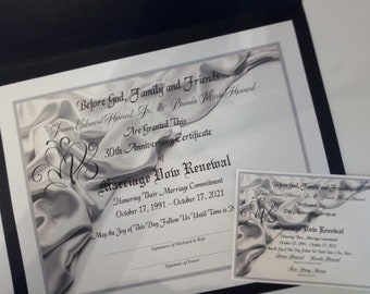 Flowing Silver Satin Love Marriage Vow Renewal Certificate/optional matching 4.25" x 5.5"  plastic laminates/optional certificate holder