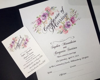 Puede incluir: Un certificado de matrimonio blanco con un diseño floral en tonos rosa, morado y verde. El texto dice "Certificate of Marriage" e incluye los nombres "Sophia Mannheim" y "Gregorio Sattino". La fecha de la boda es el 19 de abril de 2024 y la ubicación es "At His Community Church, Williamsburg, Virginia".