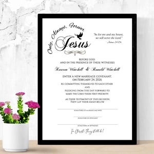May include: A framed wedding vow print with black frame. The text includes the words "Always, Forever, Jesus" and a Bible verse. The names Kaaren Winchell & Ronald Winchell are also included, along with the date February 24, 2026.