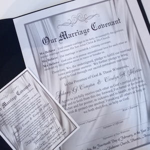 Romantic Silvery Satin Marriage Covenant Certificate/optional pocket size laminate/optional holder