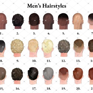 Pu&ograve; includere: Un grafico con 21 diversi stili di capelli da uomo illustrati con disegni ad acquerello. Ogni stile &egrave; numerato da 1 a 21.