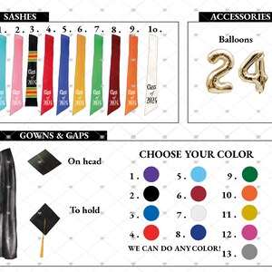 Pu&ograve; includere: Opzioni di fascia di laurea in vari colori con il testo "Class of 2024" stampato su ogni fascia.  Una selezione di colori di cappelli di laurea e un palloncino numero 24 dorato.
